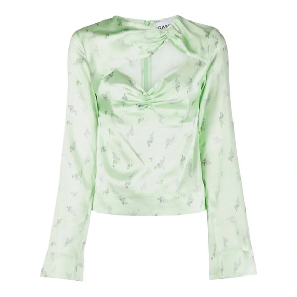 GANNI Cutout Ruched Floral-print Stretch-silk Satin Top In Light Green NWOT - Picture 9 of 9